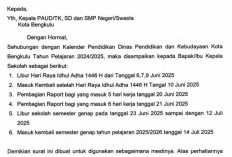 Ini Dia Jadwal,  Libur Iduladha dan Libur Semester Tahun  2025 Jenjang PAUD,SD dan SMP Kota Bengkulu, Cek Yuk 